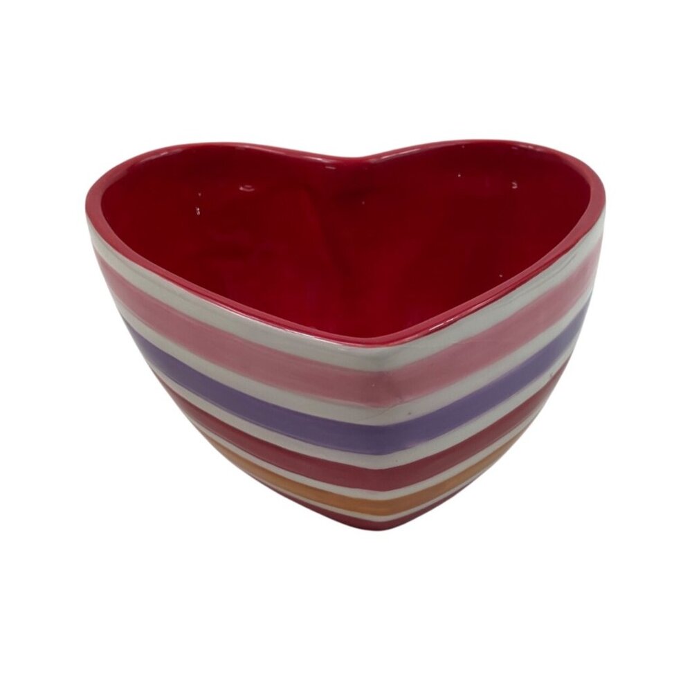 Heart-Shaped Ceramic Bowl With Multicolor Stripes Red Interior 6" Diameter